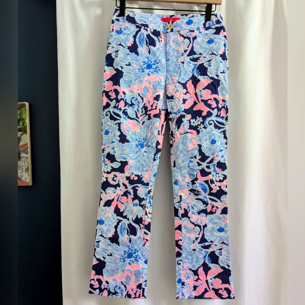 Lilly Pulitzer Kelly Crop Flare Bright Navy Blue Pink Floral Size 2